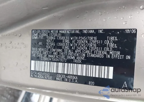 2006 Toyota Tundra Sr5 z USA, uszkodzony, nr VIN 5TBRU34156S479272